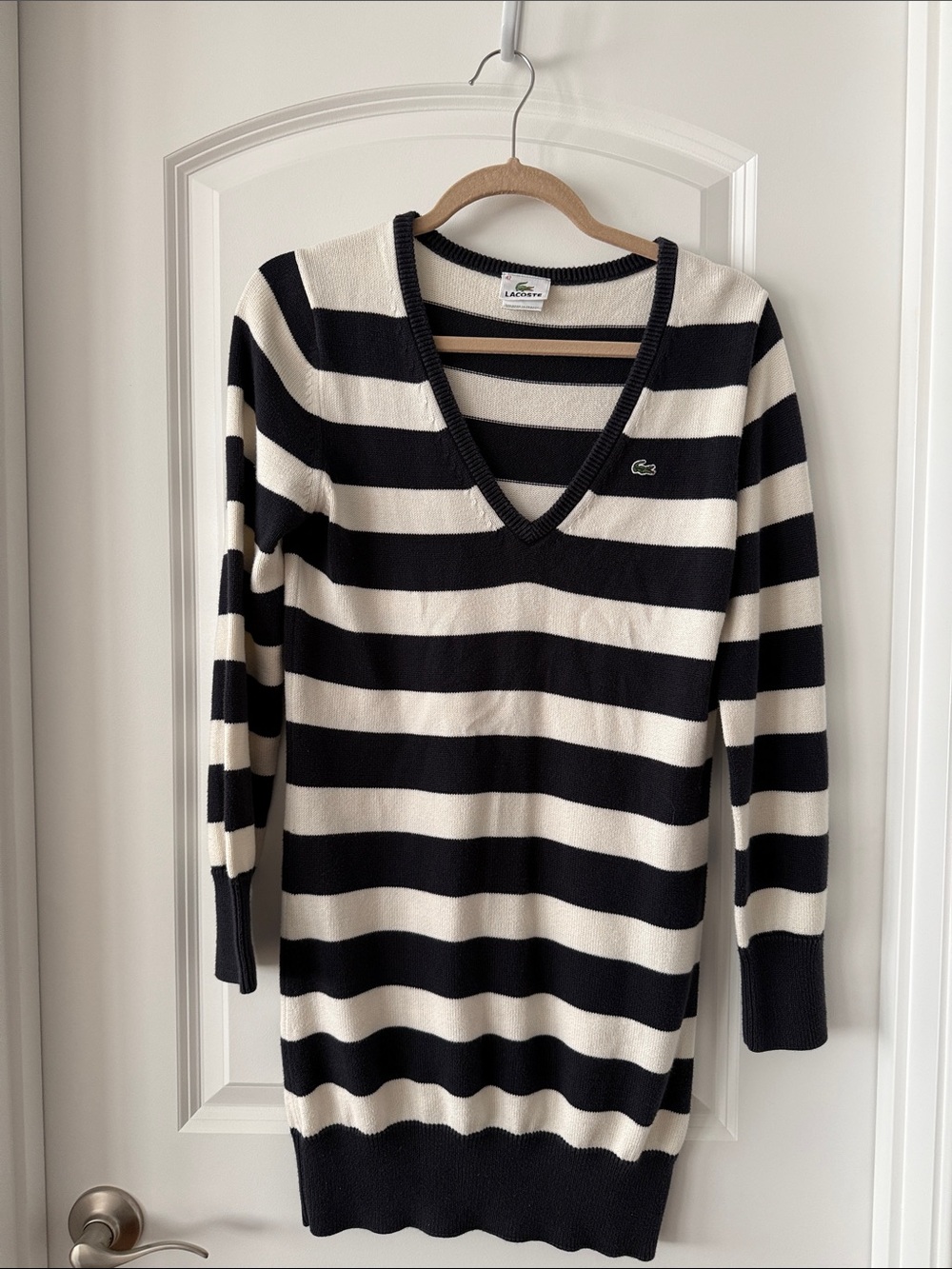 Lacoste Black & Cream Striped V-Neck Sweater Dress